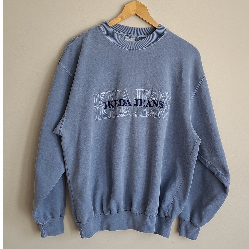Vintage Ikeda Jeans Embroidered Logo Crewneck Sweatshirt Blue Mens Medium 90s